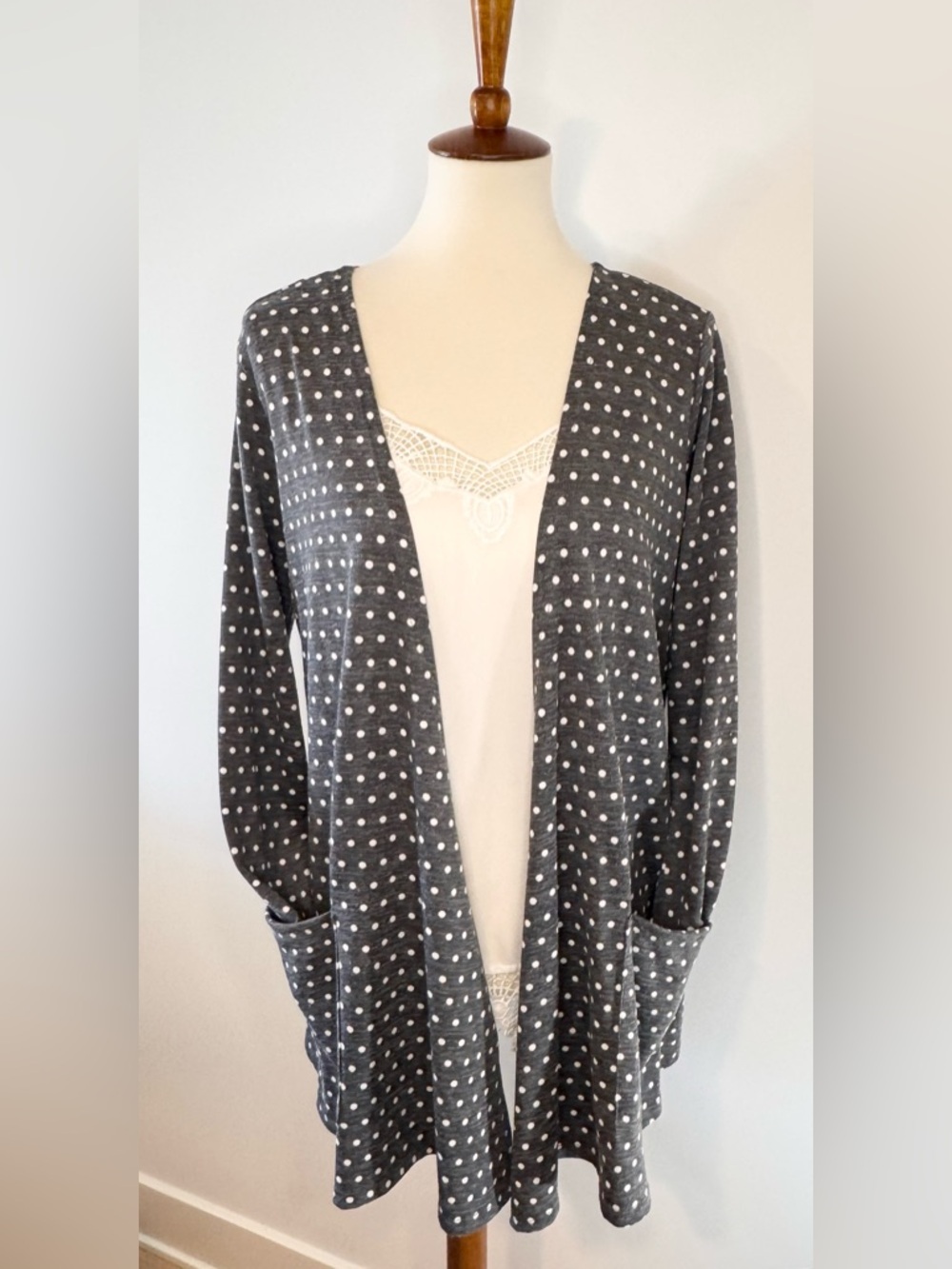 LuLaRoe Gray and White Polka Dot Caroline Cardigan Ladies S (6/8)